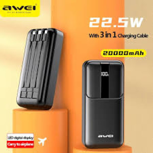 Awei P131K Portable Power Bank 10000mAh With Cable PD20W Fast Charge External Battery Multi Outputs Outdoor Powerbank For Travel